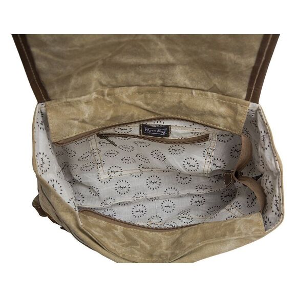 Myra Bag Handmade Tahini Backpack Upcycled Canvas & Cowhide Leather - Picture 6 of 9